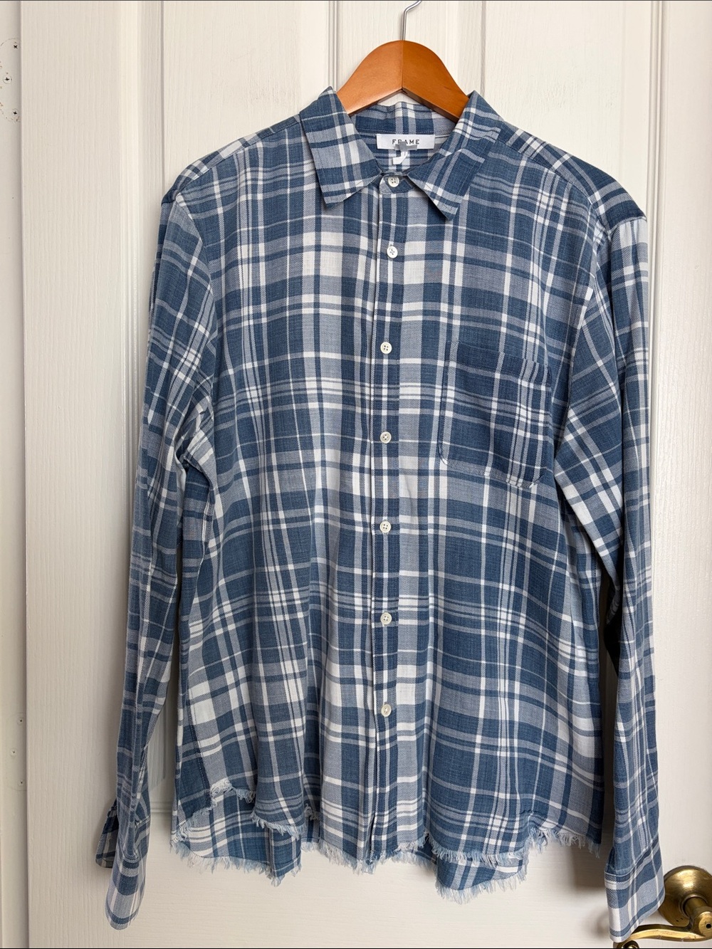Frame Denim Blue and White Plaid Button-Down Shirt